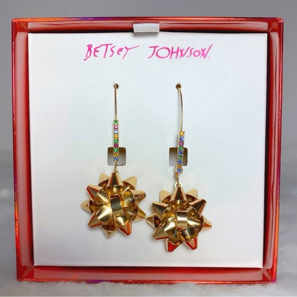 Betsey Johnson Gold Bow Earrings With Rainbow Colored Rhinestones NIB - Picture 2 of 4